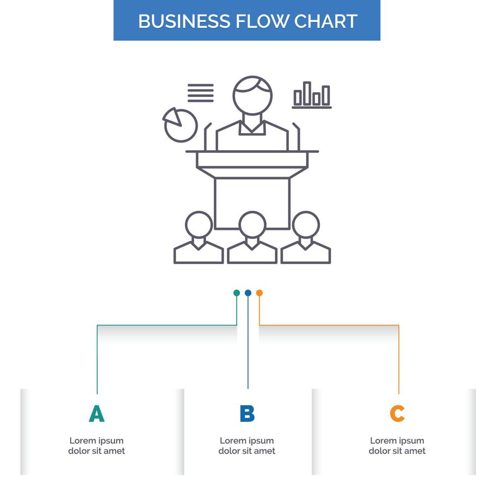 Business. conference. convention. presentation. seminar Business Flow Chart Design with 3 Steps. Line Icon For Presentation Background Template Place for text vector