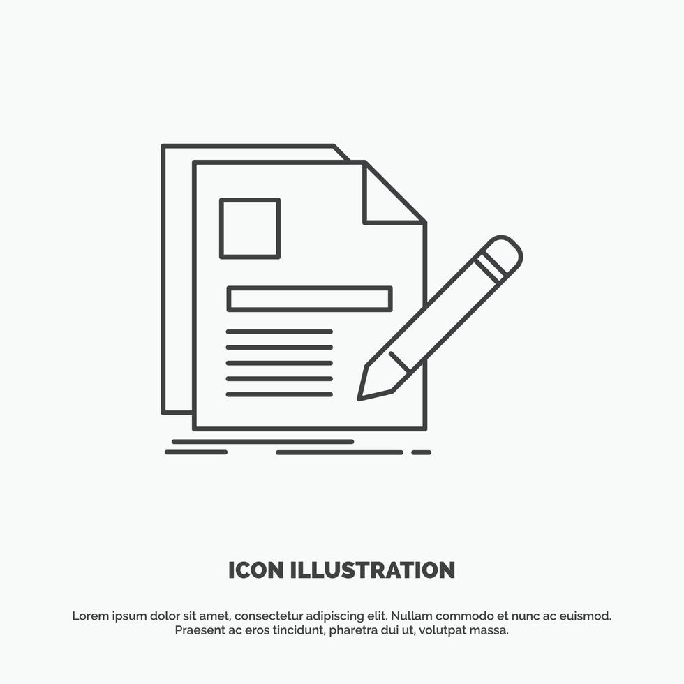 document. file. page. pen. Resume Icon. Line vector gray symbol for UI and UX. website or mobile application