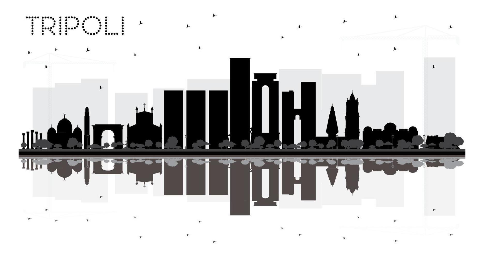Silueta en blanco y negro del horizonte de la ciudad de Trípoli con reflejos. vector