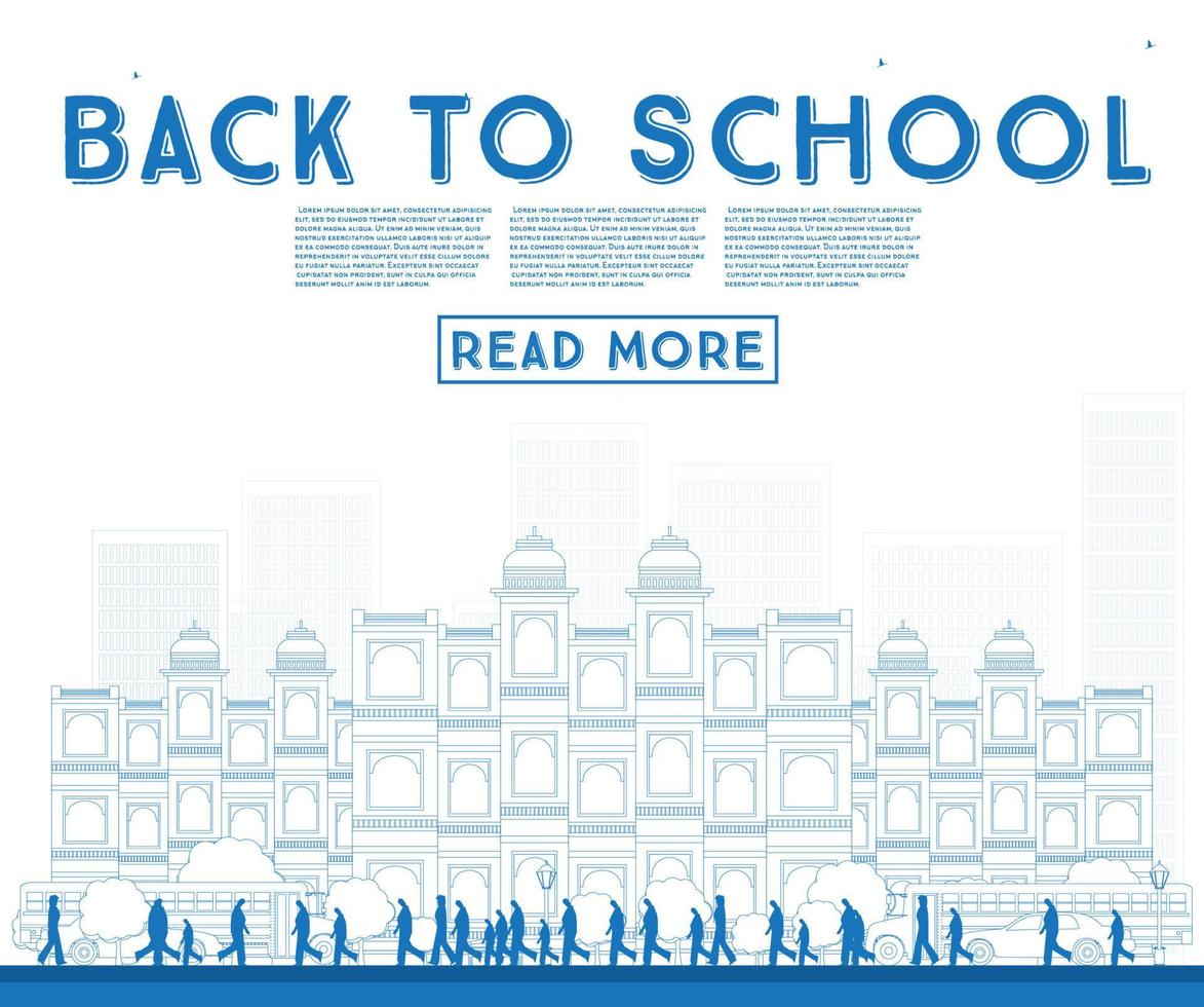 Outline Back to School. Banner with School Bus, Building and Students. vector