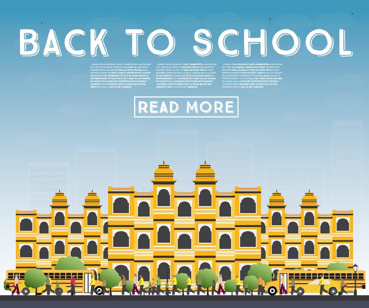 Back to School. Banner with School Bus, Building and Students. vector
