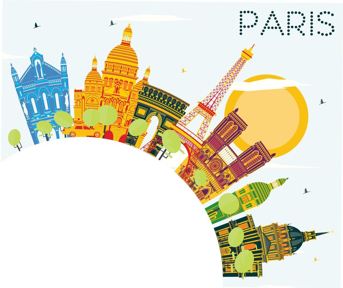 Paris Skyline with Color Buildings, Blue Sky and Copy Space. vector