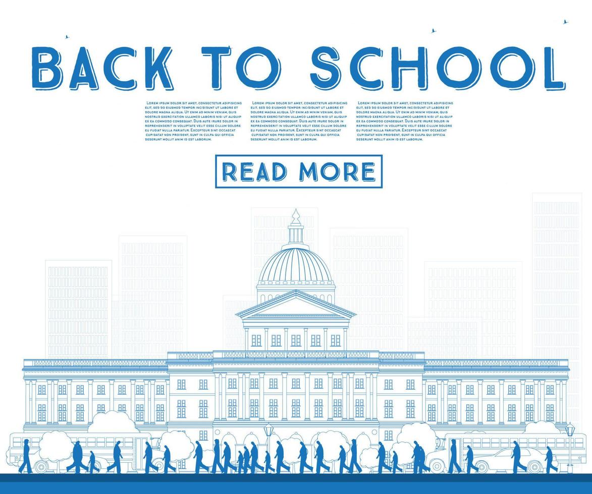 Outline Back to School. Banner with School Bus, Building and Students. vector