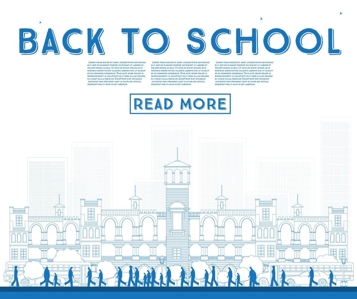 Outline Back to School. Banner with School Bus, Building and Students. vector