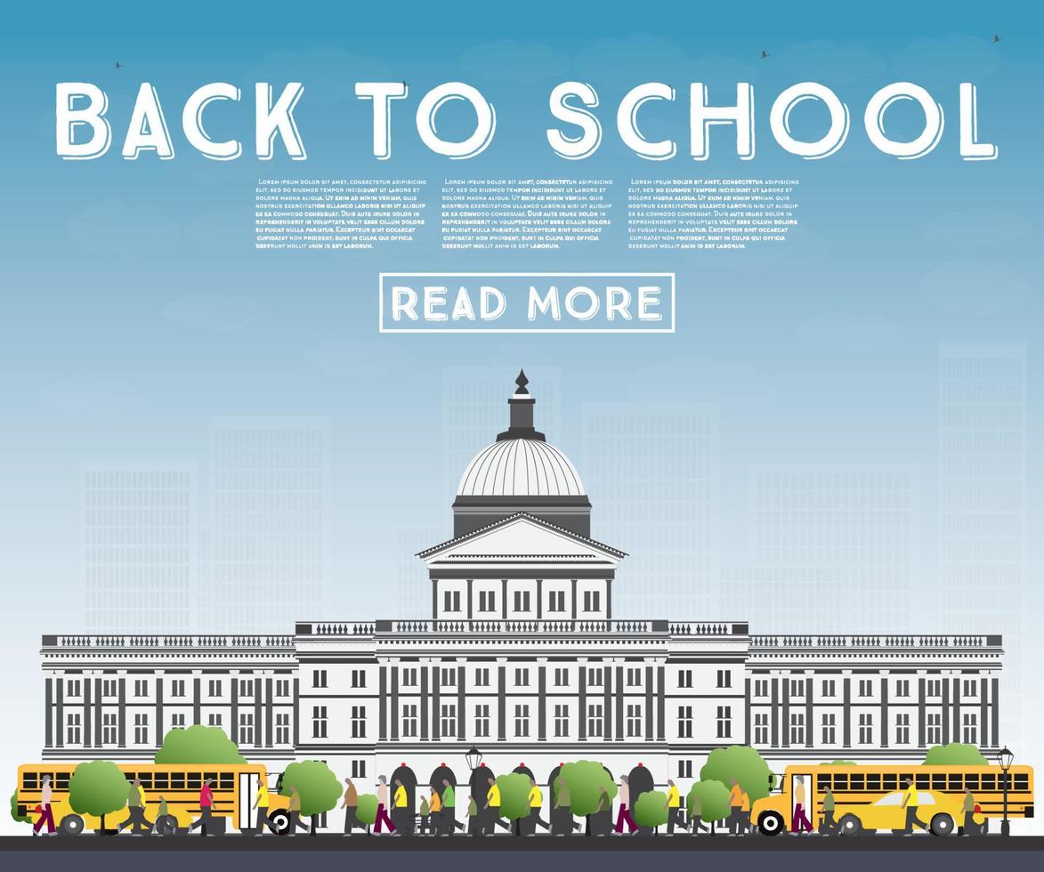 Back to School. Banner with School Bus, Building and Students. vector