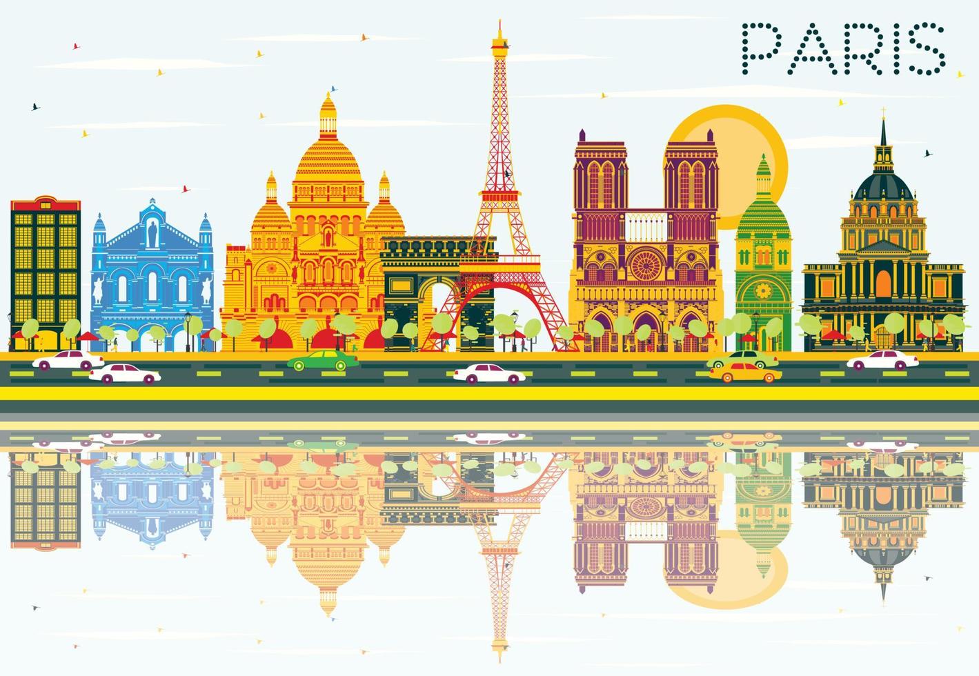 Paris Skyline with Color Buildings, Blue Sky and Reflections. vector