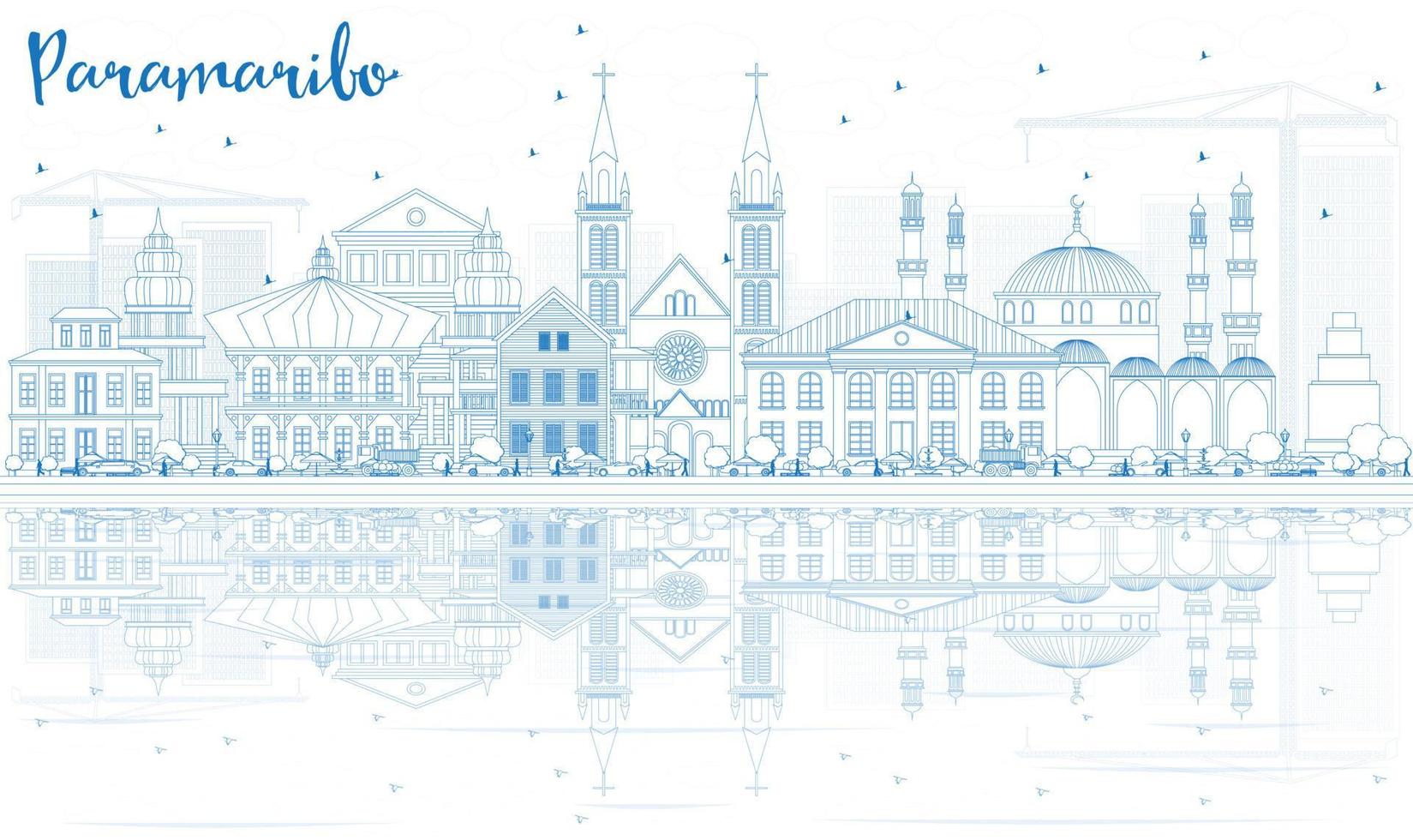 Outline Paramaribo Skyline with Blue Buildings and Reflections. vector