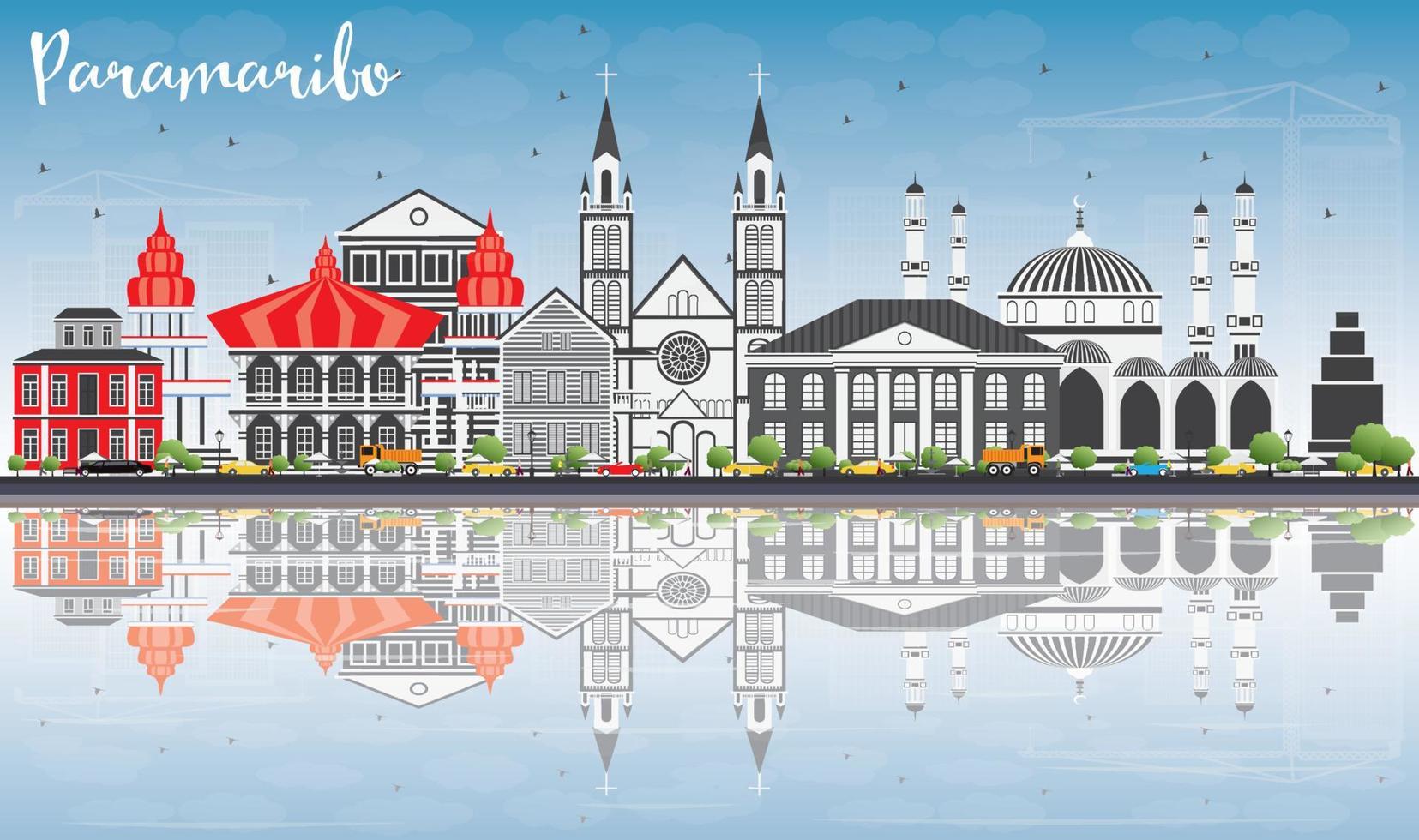 Paramaribo Skyline with Gray Buildings, Blue Sky and Reflections. vector