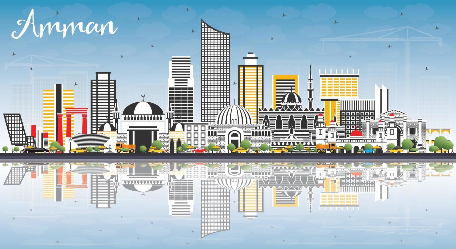 Amman Jordan Skyline with Color Buildings, Blue Sky and Reflections. vector