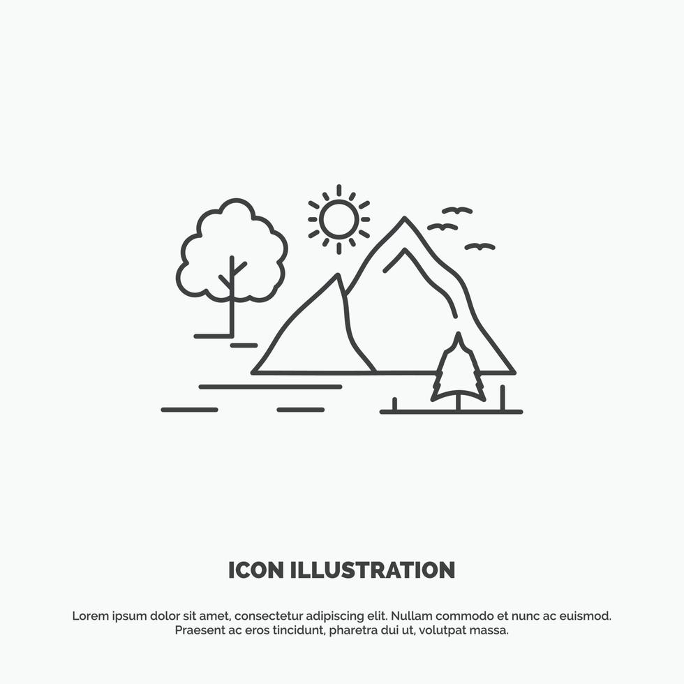 hill. landscape. nature. mountain. sun Icon. Line vector gray symbol for UI and UX. website or mobile application