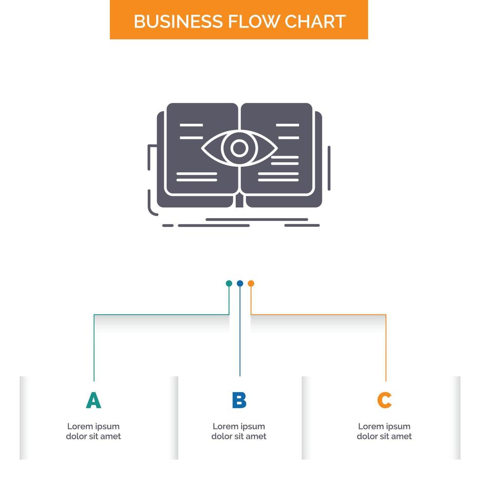 knowledge. book. eye. view. growth Business Flow Chart Design with 3 Steps. Glyph Icon For Presentation Background Template Place for text. vector