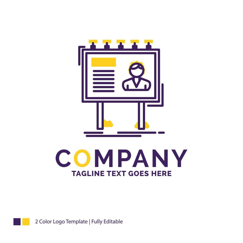 Company Name Logo Design For advertisement. advertising. billboard. poster. board. Purple and yellow Brand Name Design with place for Tagline. Creative Logo template for Small and Large Business. vector