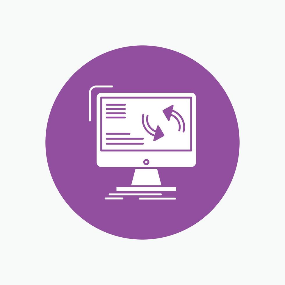 synchronization. sync. information. data. computer White Glyph Icon in Circle. Vector Button illustration