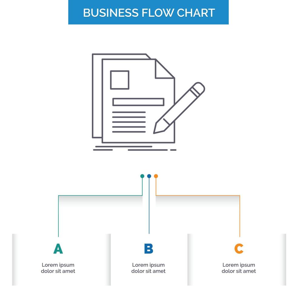 document. file. page. pen. Resume Business Flow Chart Design with 3 Steps. Line Icon For Presentation Background Template Place for text vector