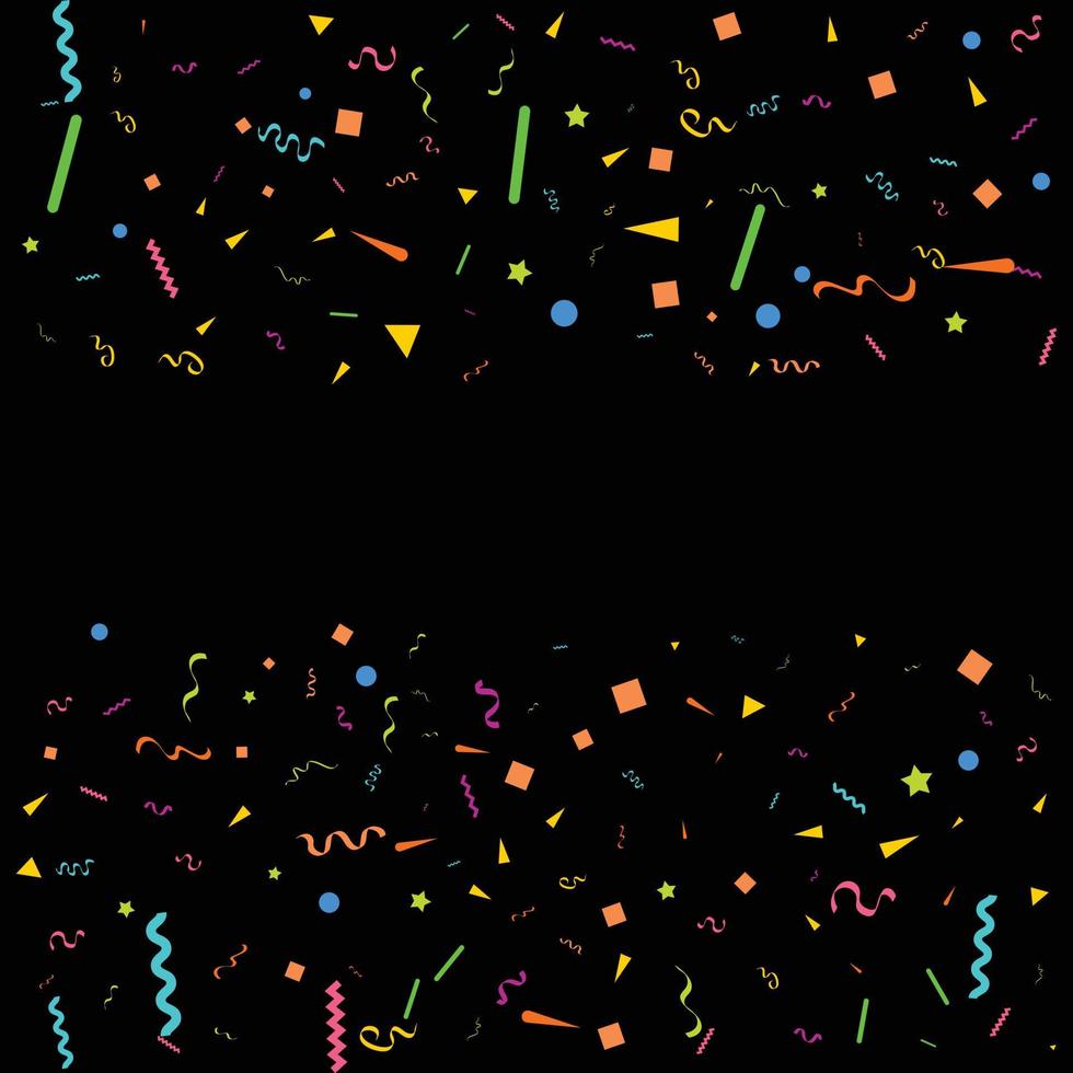 Vector abstract Black Background with many falling tiny colorful confetti pieces and ribbon. Carnival. Christmas or New Year decoration colorful party pennants for birthday. festival