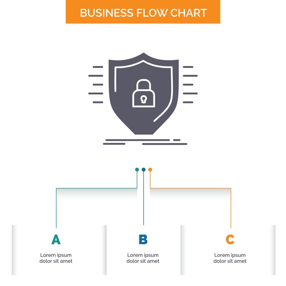 Defence. firewall. protection. safety. shield Business Flow Chart Design with 3 Steps. Glyph Icon For Presentation Background Template Place for text. vector