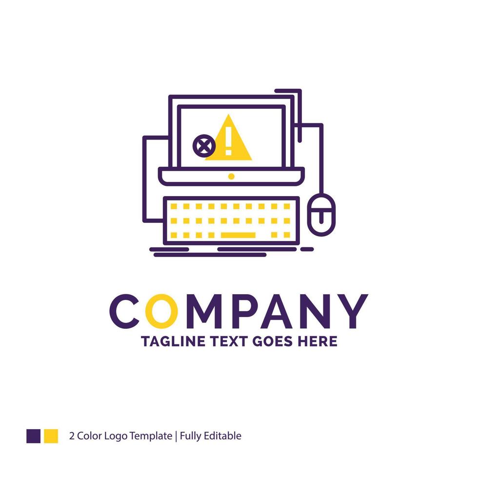 Company Name Logo Design For Computer. crash. error. failure. system. Purple and yellow Brand Name Design with place for Tagline. Creative Logo template for Small and Large Business. vector