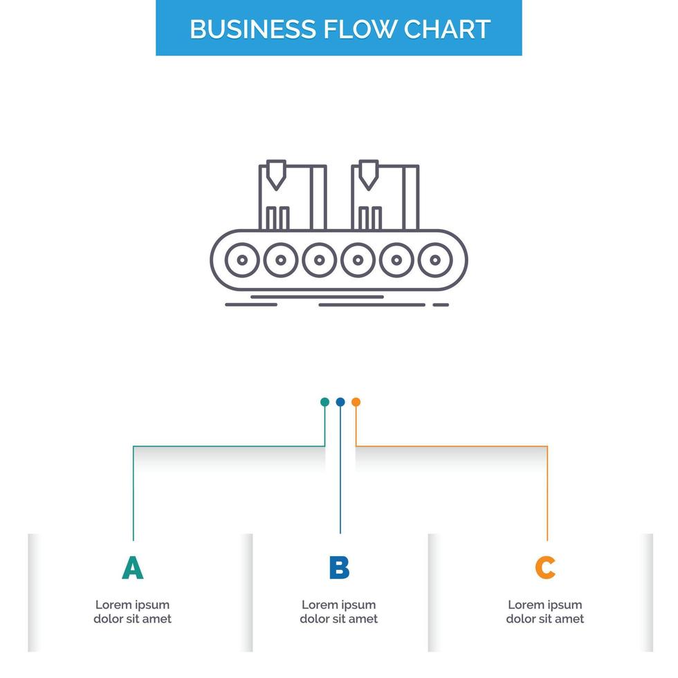 Belt. box. conveyor. factory. line Business Flow Chart Design with 3 Steps. Line Icon For Presentation Background Template Place for text vector