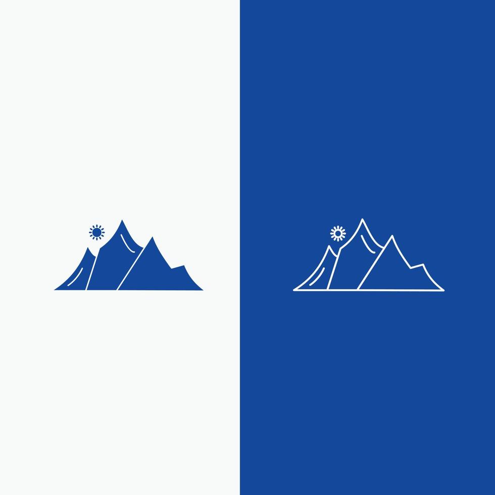 Cerro. paisaje. naturaleza. montaña. botón web de línea solar y glifo en banner vertical de color azul para ui y ux. sitio web o aplicación móvil vector