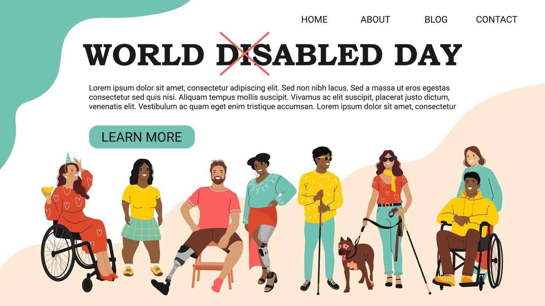 World Disabled day. Landing page or web banner concept. People with Disability, Diversity and Inclusion. Flat vector illustration in cartoon style.