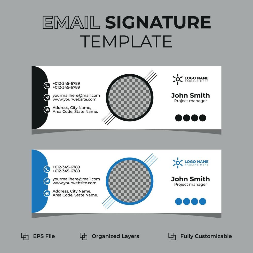 Corporate modern email signature or email footer and personal social media cover design, flat, abstract, modern, and minimal template with dark blue, yellow, black colors, vector illustration layout.