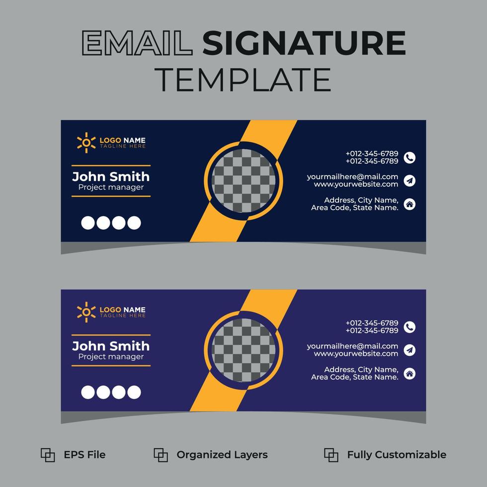 Corporate modern email signature or email footer and personal social media cover design, flat, abstract, modern, and minimal template with dark blue, yellow, black colors, vector illustration layout.
