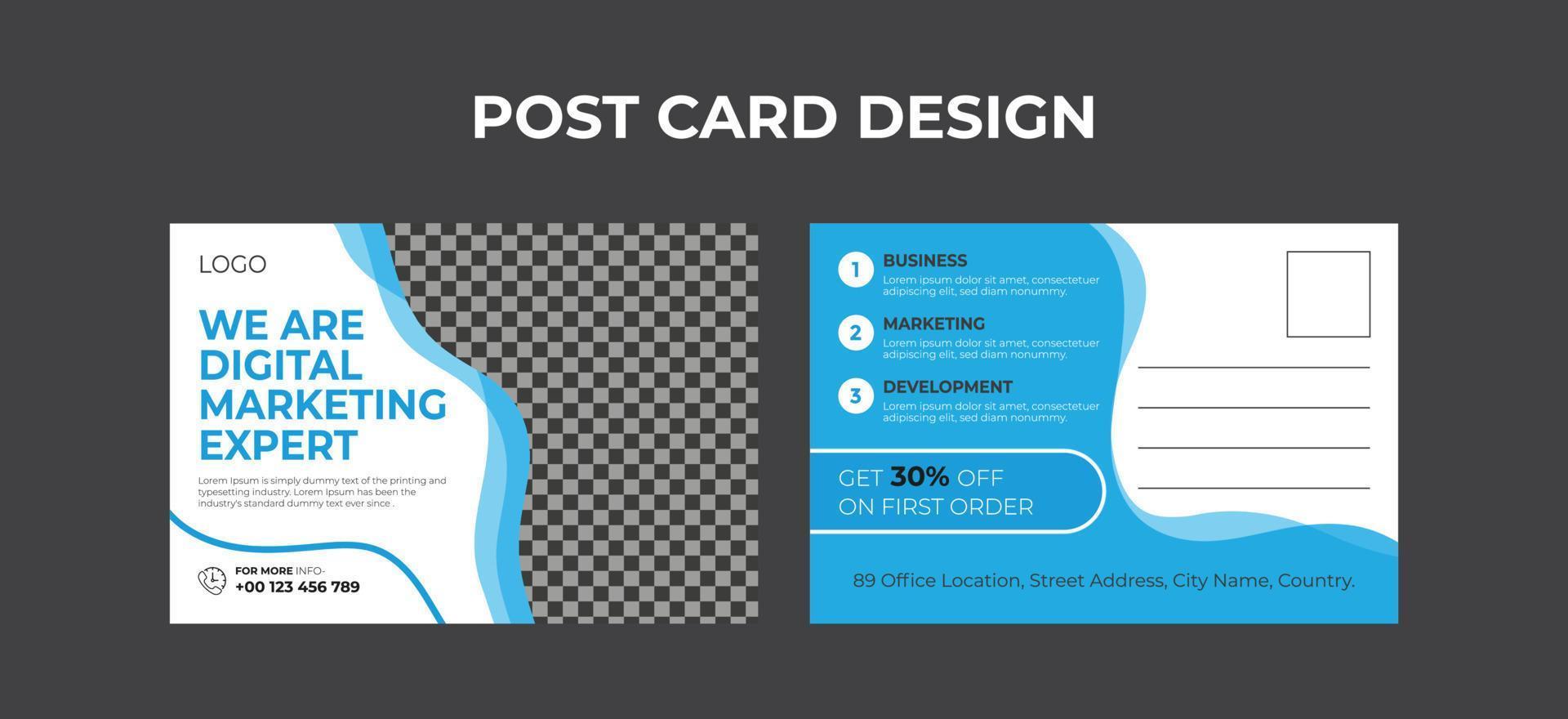 Creative modern blue, black and red professional corporate business postcard or EDDM postcard design premium vector template for your business agency and printing.