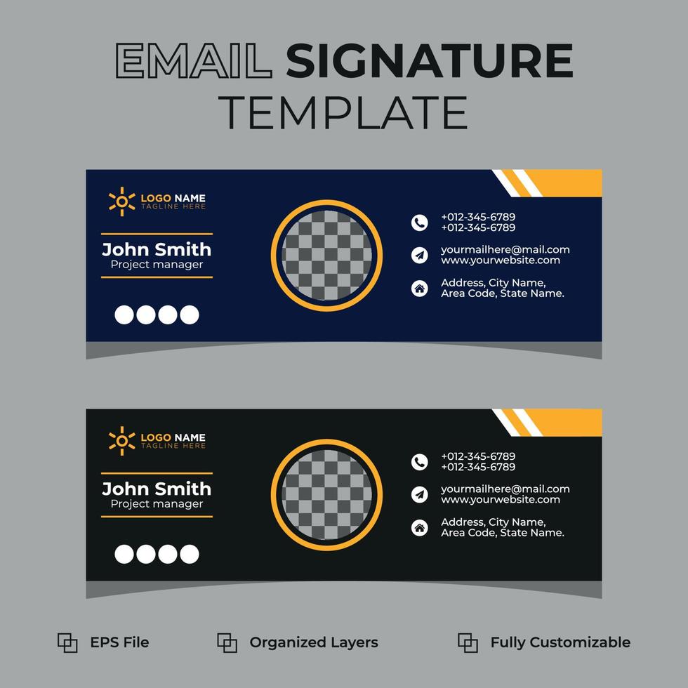 Firma de correo electrónico corporativa moderna o pie de página de correo electrónico y diseño de portada de medios sociales personales, plantilla plana, abstracta, moderna y mínima con colores azul oscuro, amarillo, negro, diseño de ilustración vectorial. vector