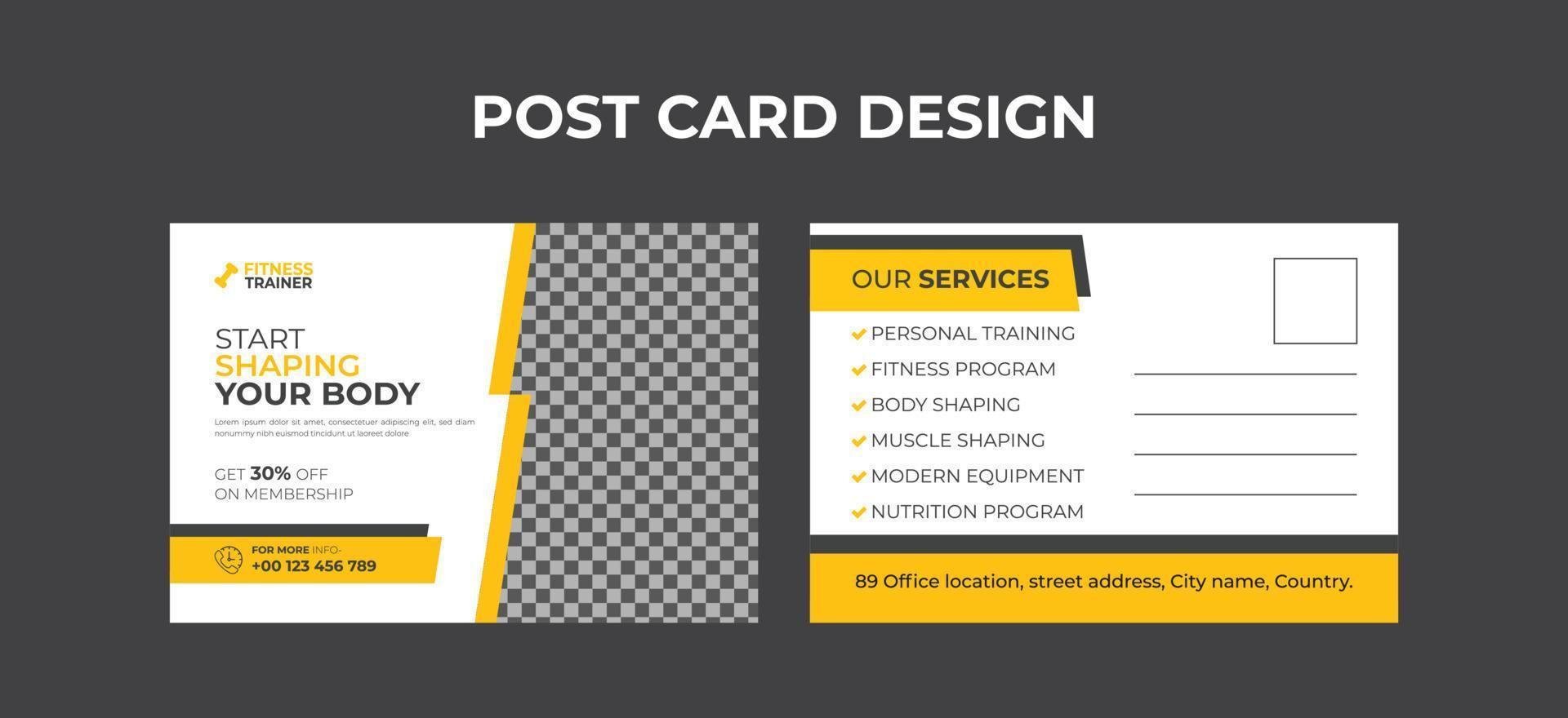 Gym Center or Fitness center promotional vector postcard design template, Minimal Sports, workout, Gym, Fitness, Training Workout or EDDM postcard.