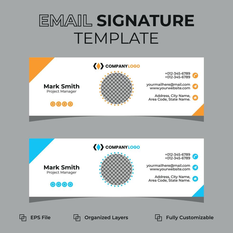 Corporate modern email signature or email footer and personal social media cover design, flat, abstract, modern, and minimal template with dark blue, yellow, black colors, vector illustration layout.