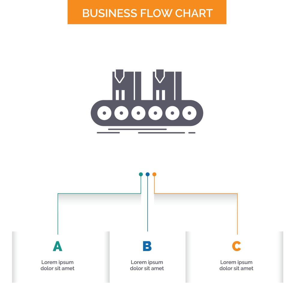 Belt. box. conveyor. factory. line Business Flow Chart Design with 3 Steps. Glyph Icon For Presentation Background Template Place for text. vector