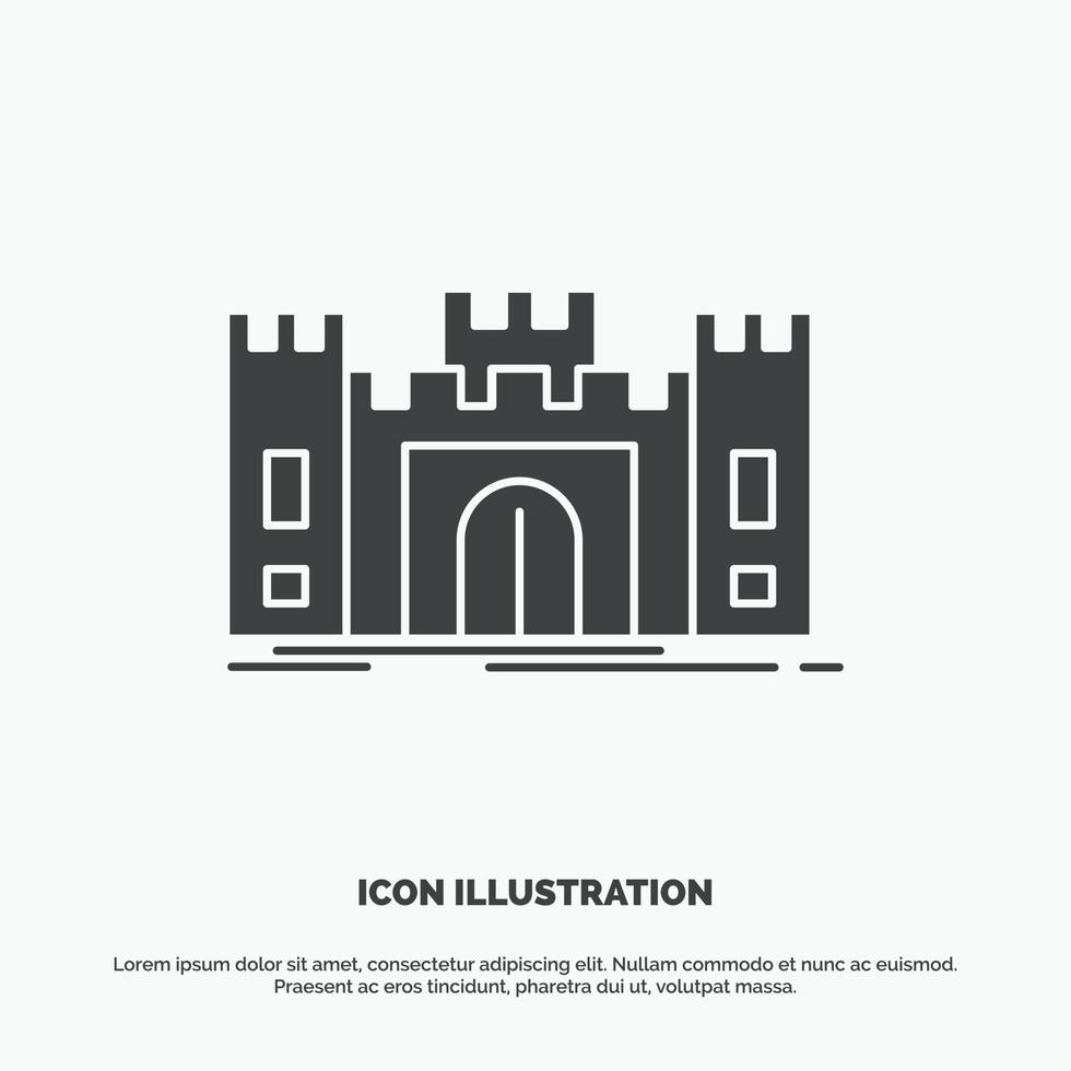 castillo. defensa. fuerte. fortaleza. icono de punto de referencia. símbolo gris vectorial de glifo para ui y ux. sitio web o aplicación móvil vector