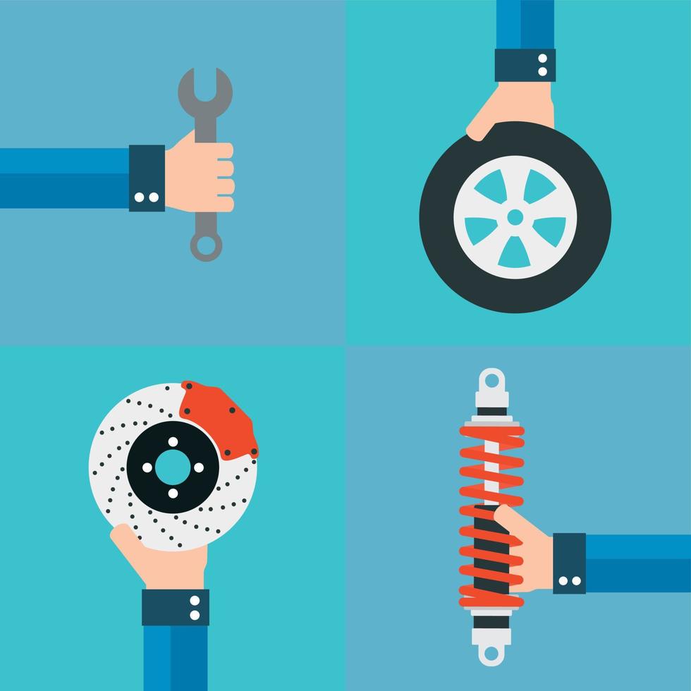 Car service flat design set with wheel,shock absorber,brake disk vector