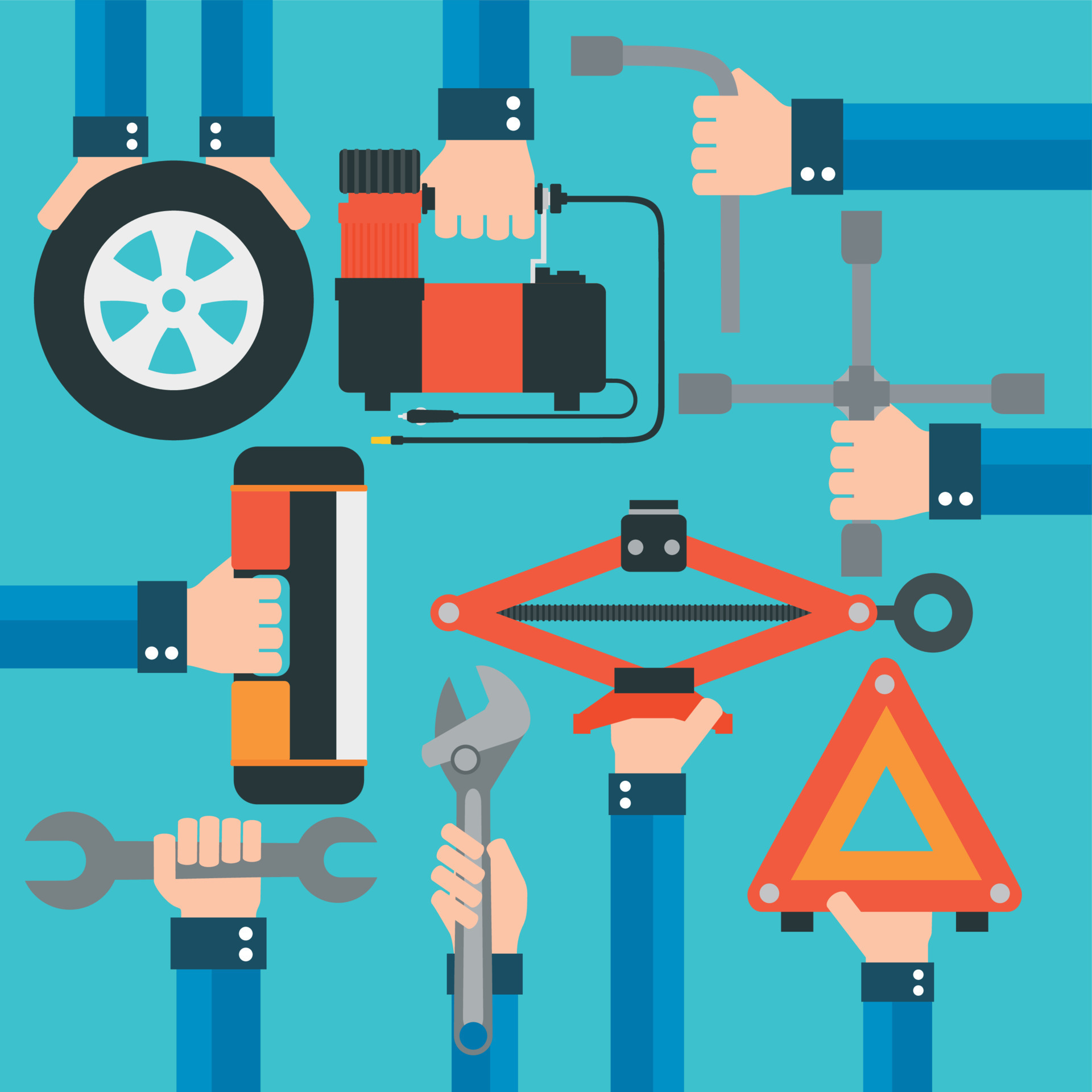 Emergency Road Kit Items auto Mechanic Tools Modern Flat Design 