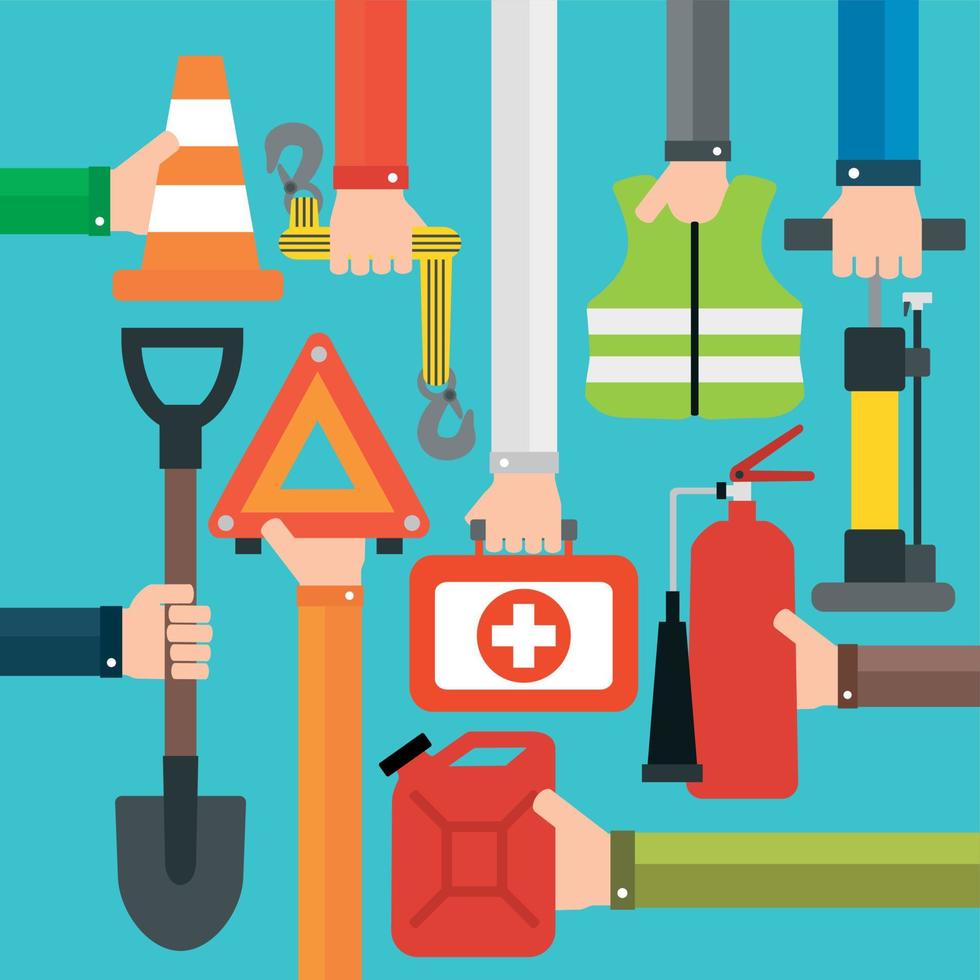 Emergency car equipment design flat set vector
