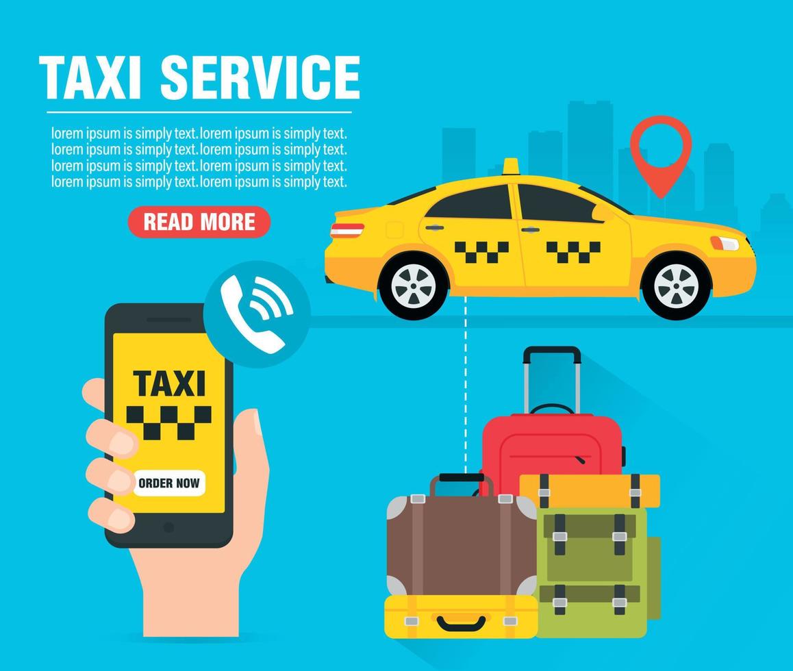 Online taxi service concept design flat. Yellow taxi car. Order now taxi vector