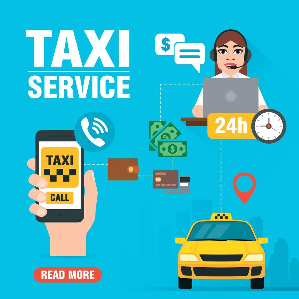 Online taxi service concept design flat with taxi dispatcher. Yellow taxi car, hand holding smartphone with taxi application vector