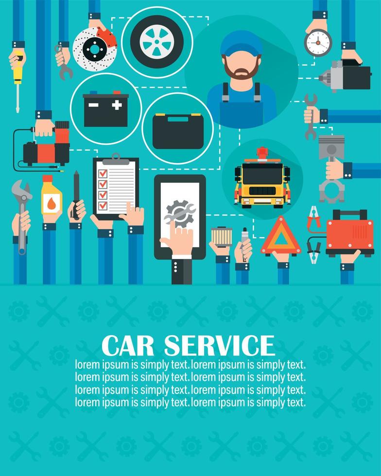 Car service online call flat design with wrecker car and mechanic.lorem ipsum is simply text vector