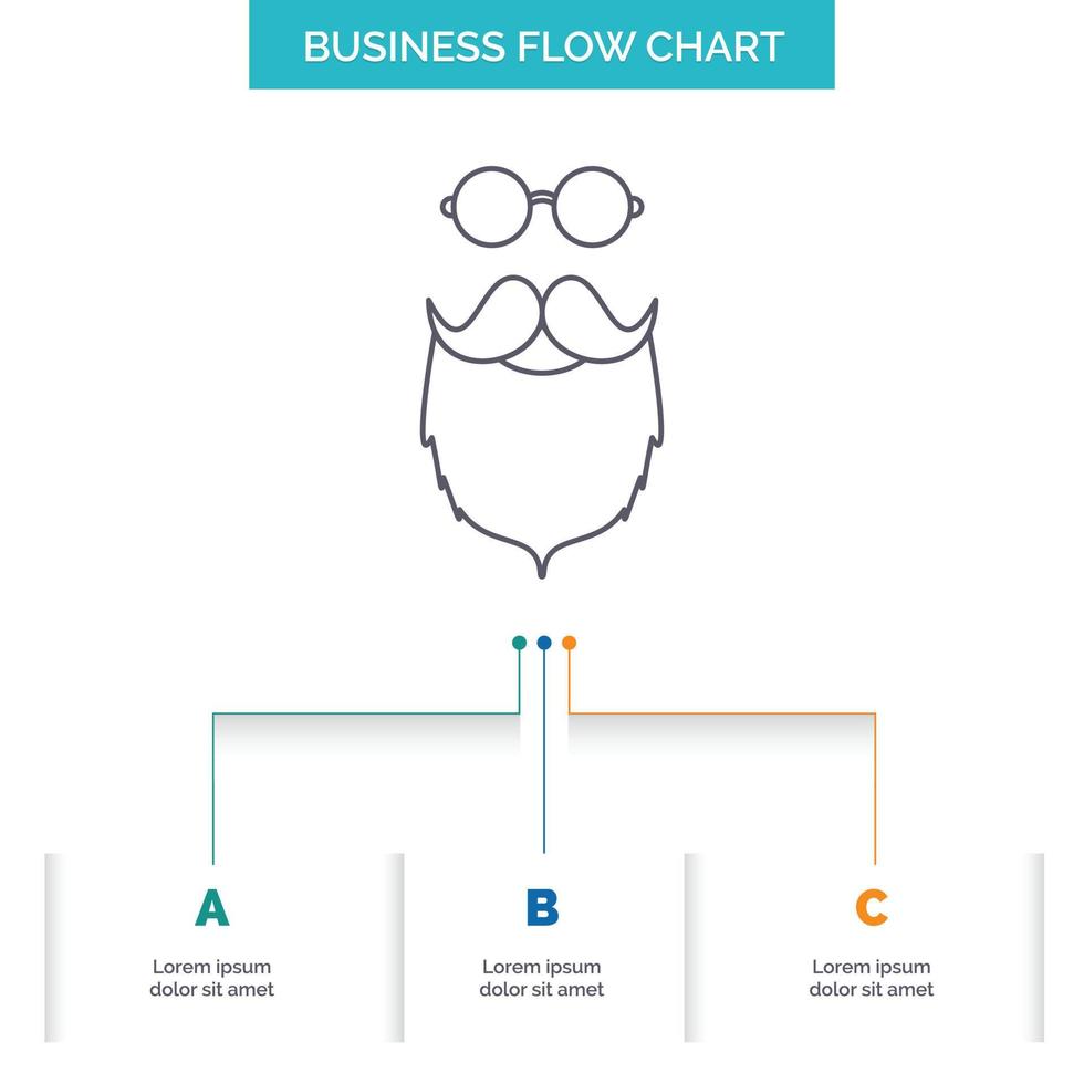 bigote. inconformista. movimiento soportado diseño de diagrama de flujo de negocios de hombres con 3 pasos. icono de línea para el lugar de plantilla de fondo de presentación para texto vector