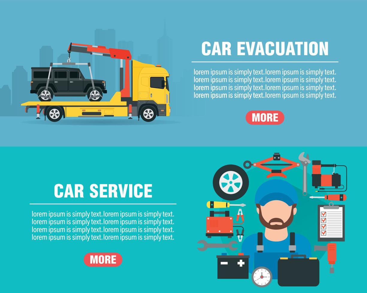 Conjunto de banners planos de diseño de concepto de servicio de coche. evacuación de automóviles. mecánico, con, herramientas, icono vector