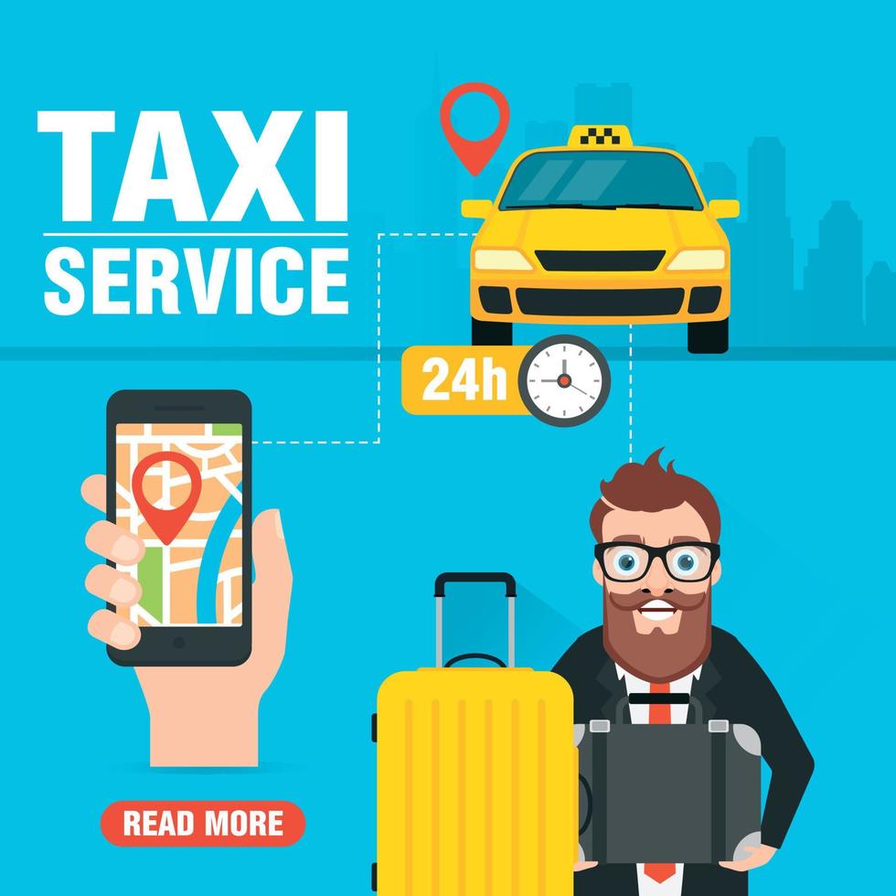 plano de diseño de concepto de servicio de taxi en línea. coche de taxi amarillo, teléfono inteligente de mano con aplicación de taxi y hombre con equipaje vector