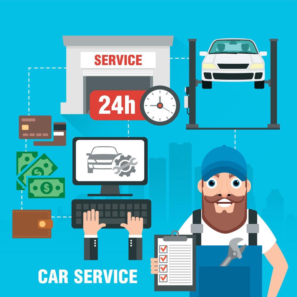 Car service a web application on a computer. Online car service concept design flat. Fast car repair vector