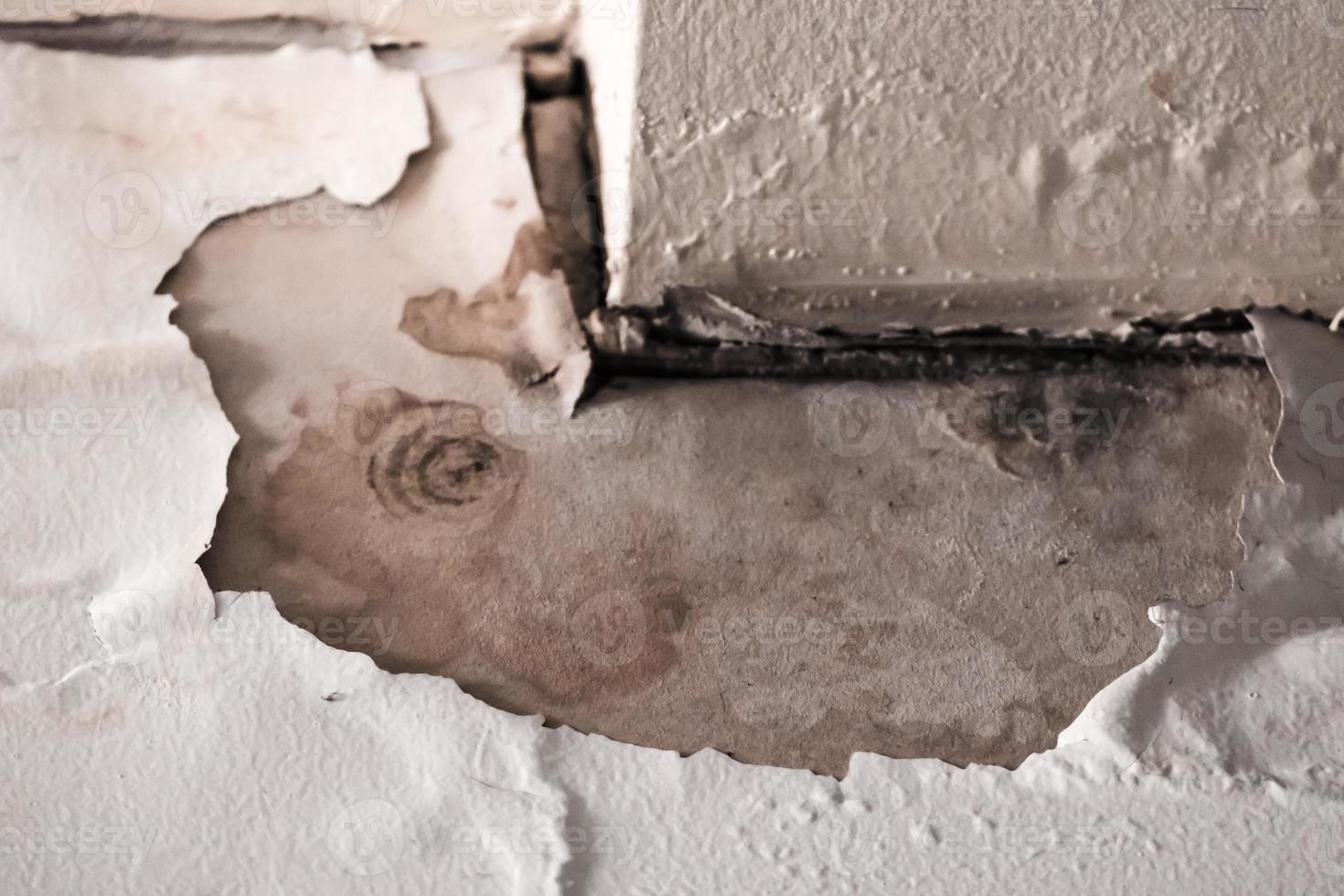 Water damaged ceiling roof,old peeling decay white gypsum board ceiling in house damage by water leaking from raindrop photo