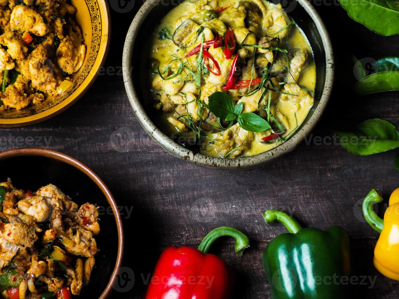 A full Thai set food serve on a wood table photo