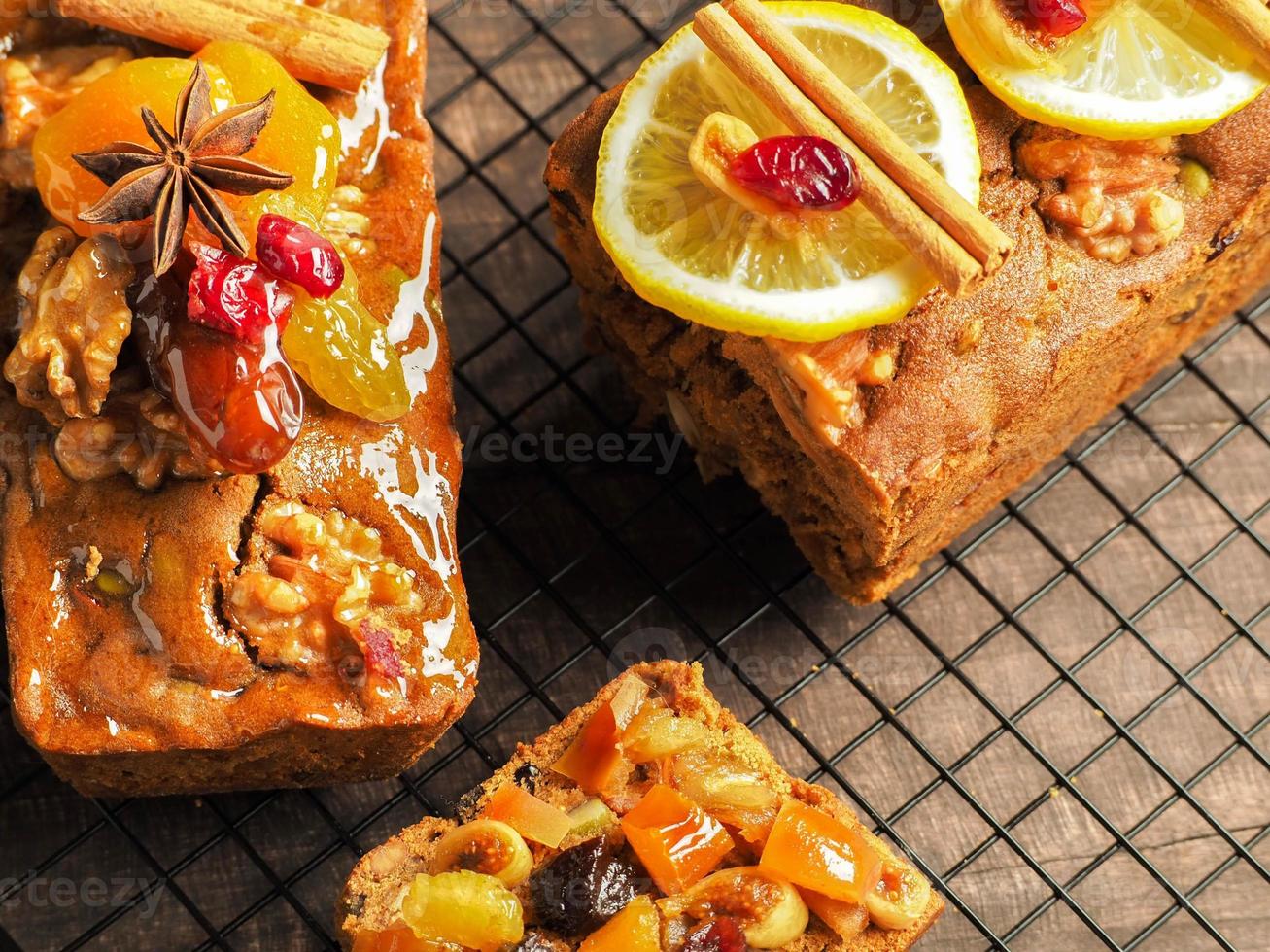 A home made fruit cake made with fruit marinated in whiskey. photo