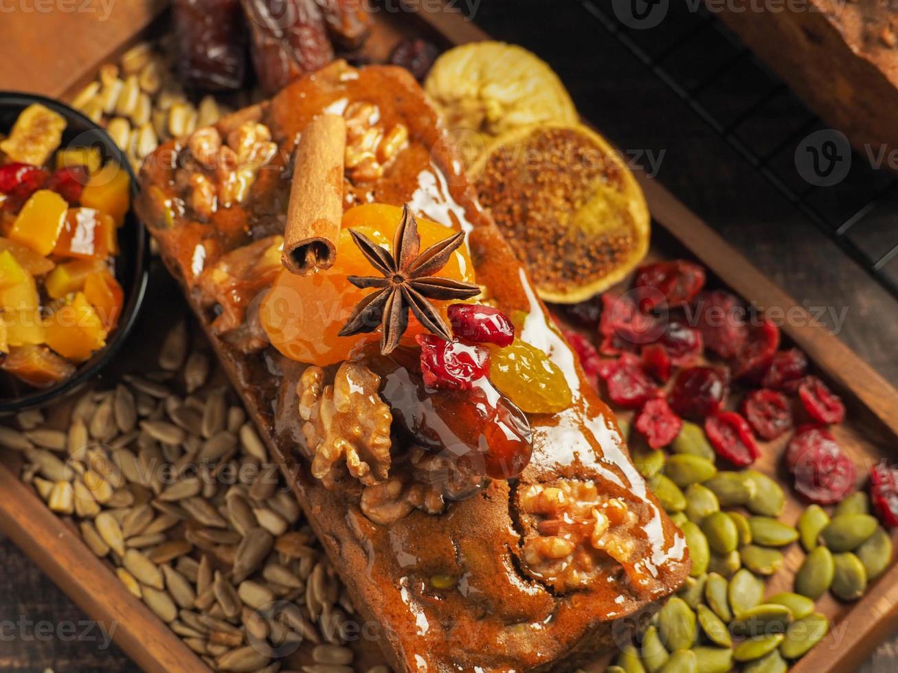 A home made fruit cake made with fruit marinated in whiskey. photo
