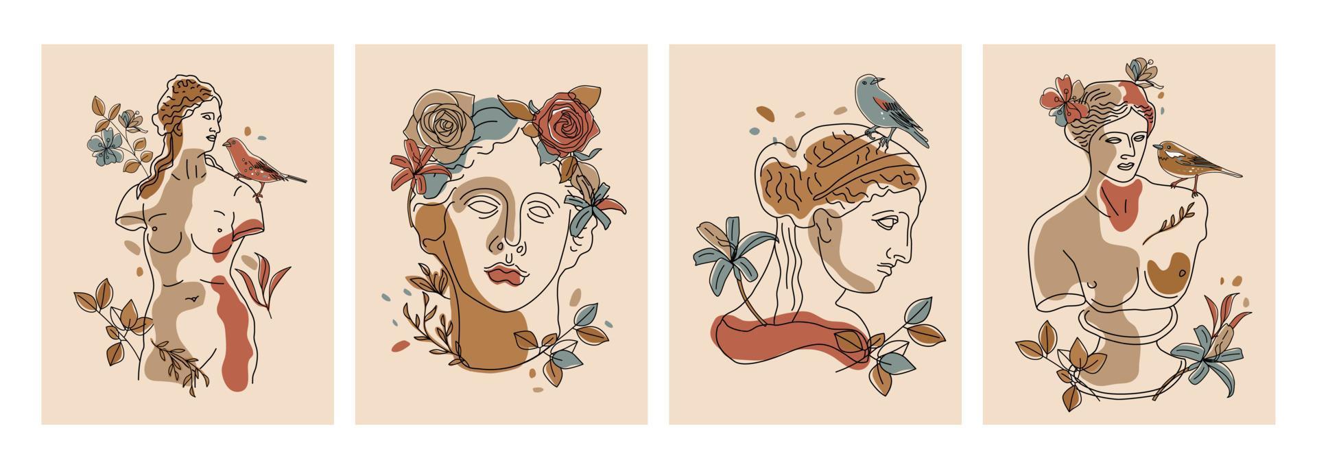 tarjetas coloridas de arte conceptual moderno con estatua antigua con flores aisladas en un fondo de color claro. collage de arte contemporáneo. diseño de moda. vector