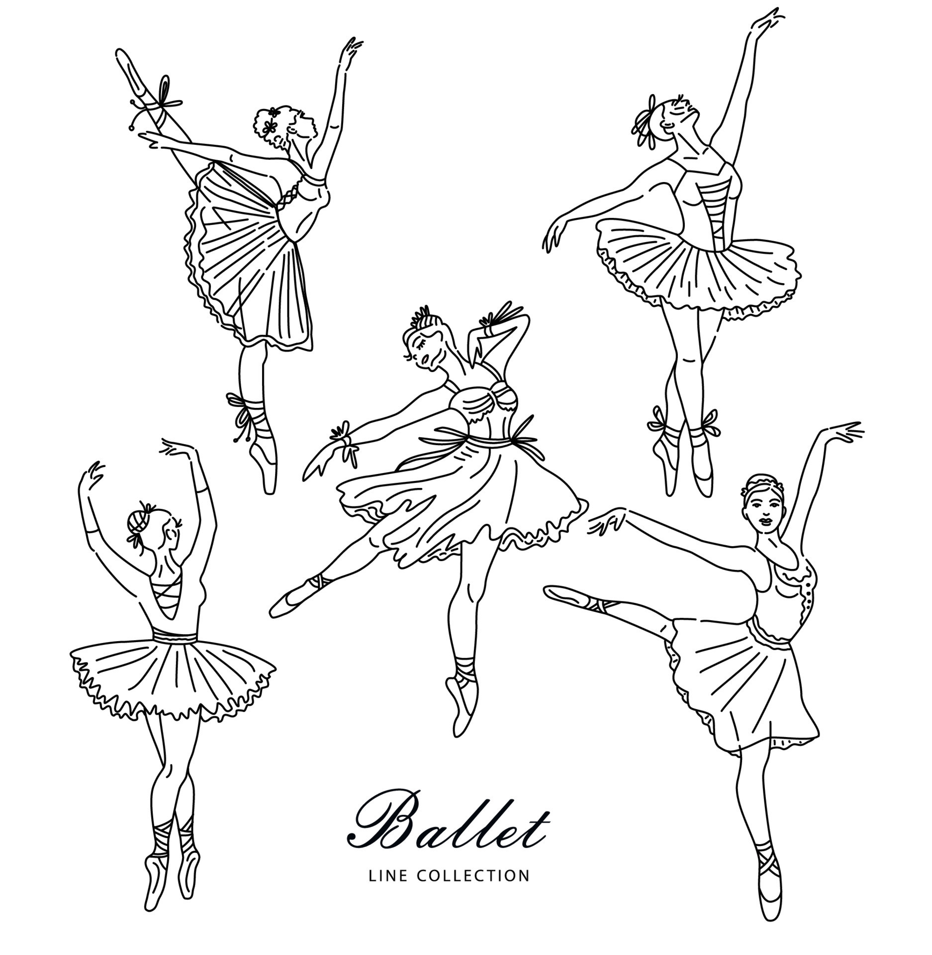 Women ballet dancer set of continuous line drawing in black color