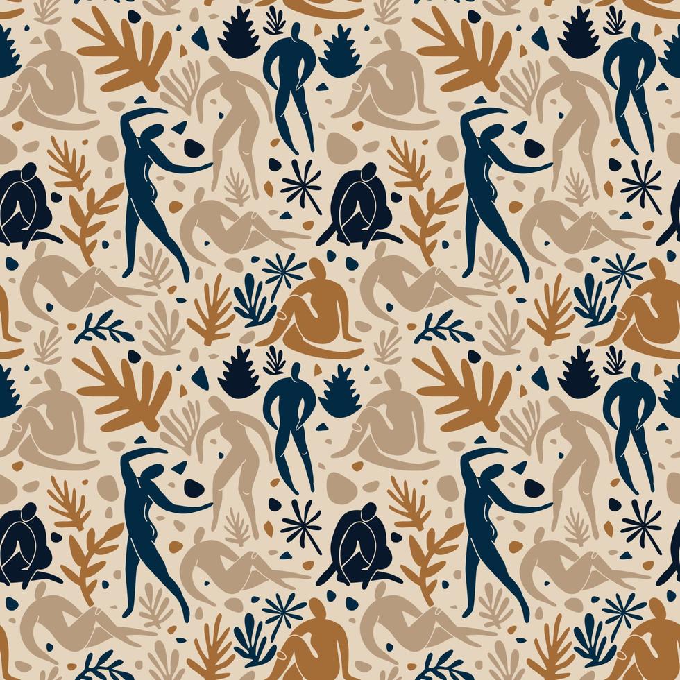 Seamless pattern abstract people doodle and nature icons on isolated white background. Summer collection, organic shapes in freehand matisse art style. Floral art. vector