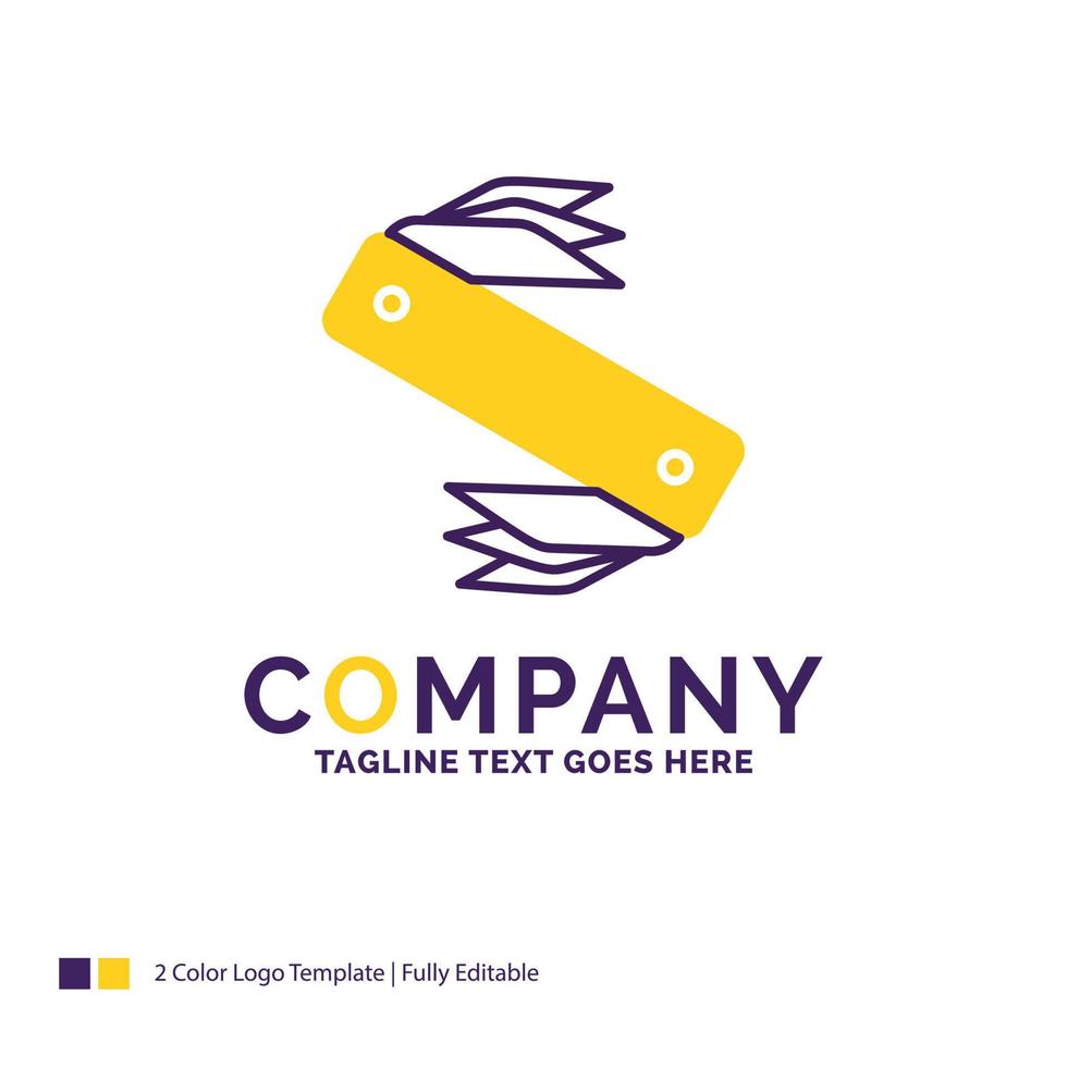 Company Name Logo Design For knife. army. camping. swiss. pocket. Purple and yellow Brand Name Design with place for Tagline. Creative Logo template for Small and Large Business. vector